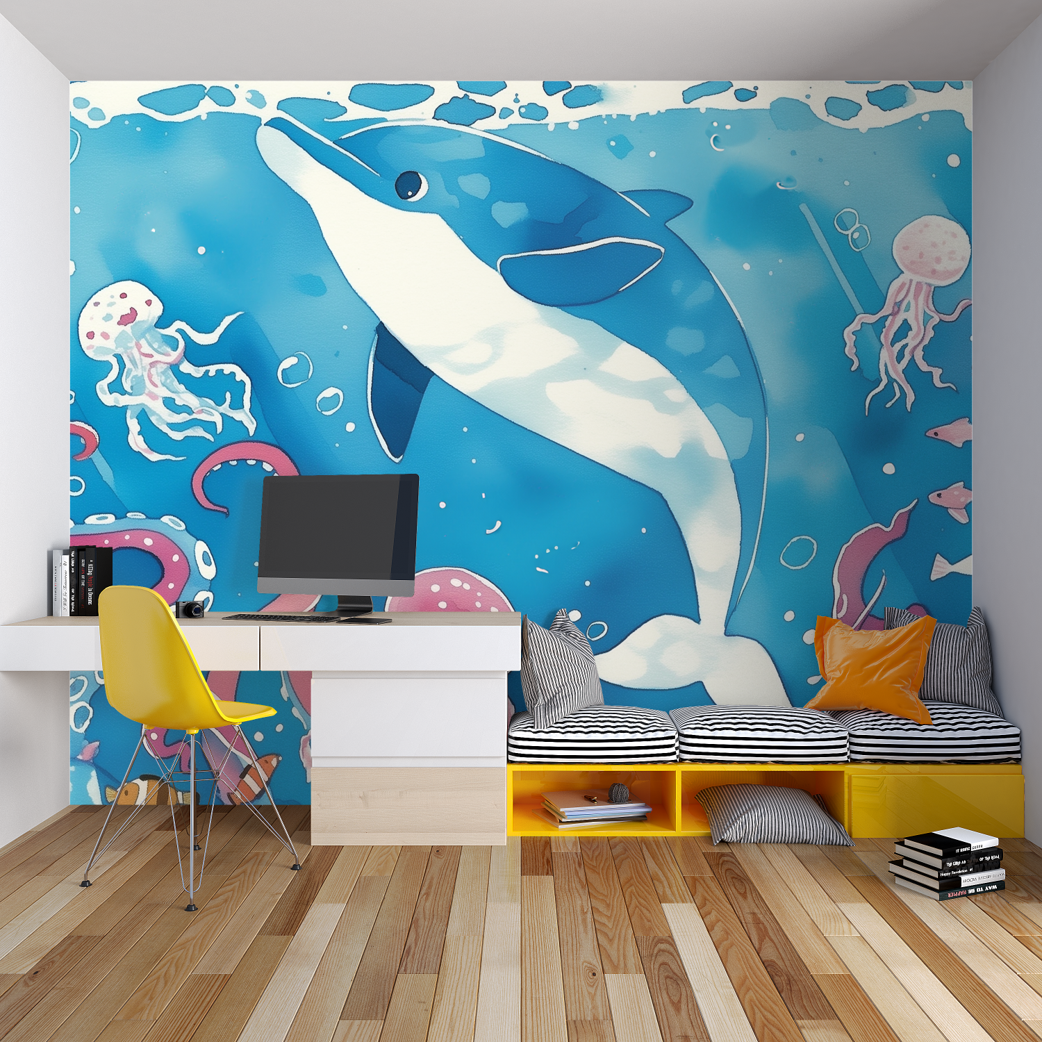 Underwater mural bringing ocean charm to a reading nook corner