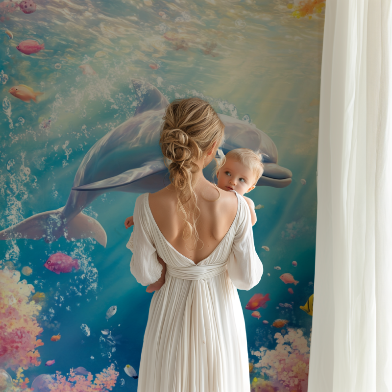 Ocean Dolphin wallpaper in bright kids bedroom showing playful underwater scene