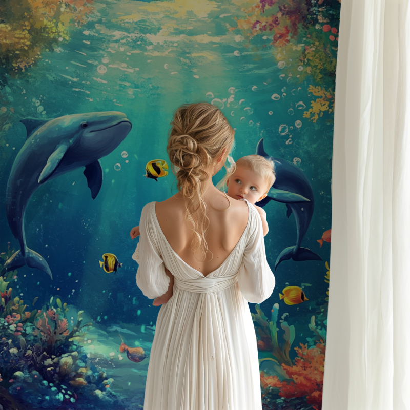 Ocean theme wallpaper creating a peaceful atmosphere in a home office space