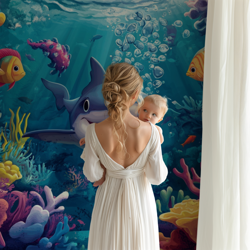 Marine life wall mural brightening nursery space with friendly shark and coral design