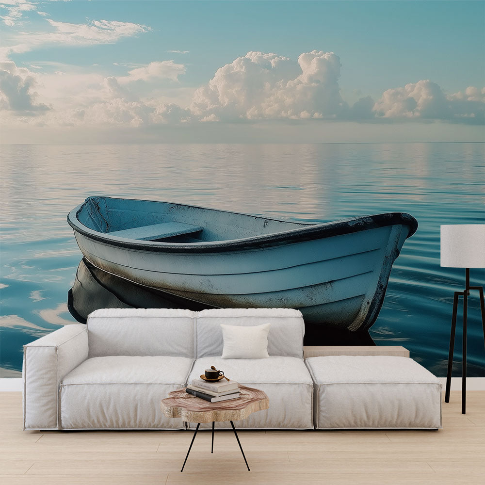 Ocean scene wallpaper creating a peaceful atmosphere in a modern living room with white boat design