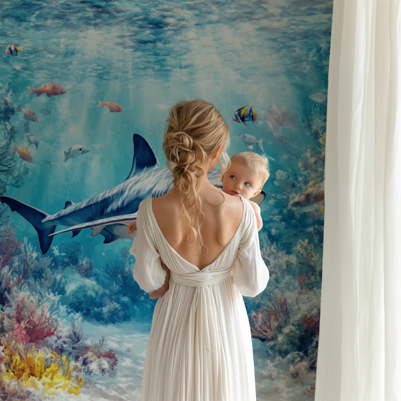 Shark mural wallpaper bringing ocean depths to dining room space
