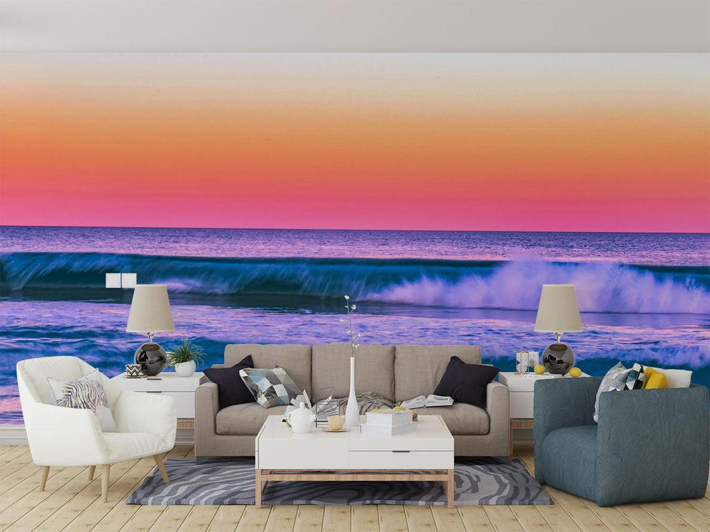 Beach wave mural bringing coastal vibes to master bedroom wall