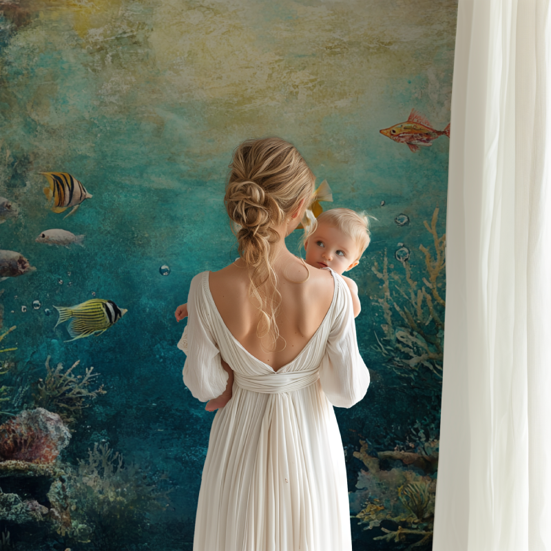 Home office featuring calming underwater mural with tropical fish and coral formations
