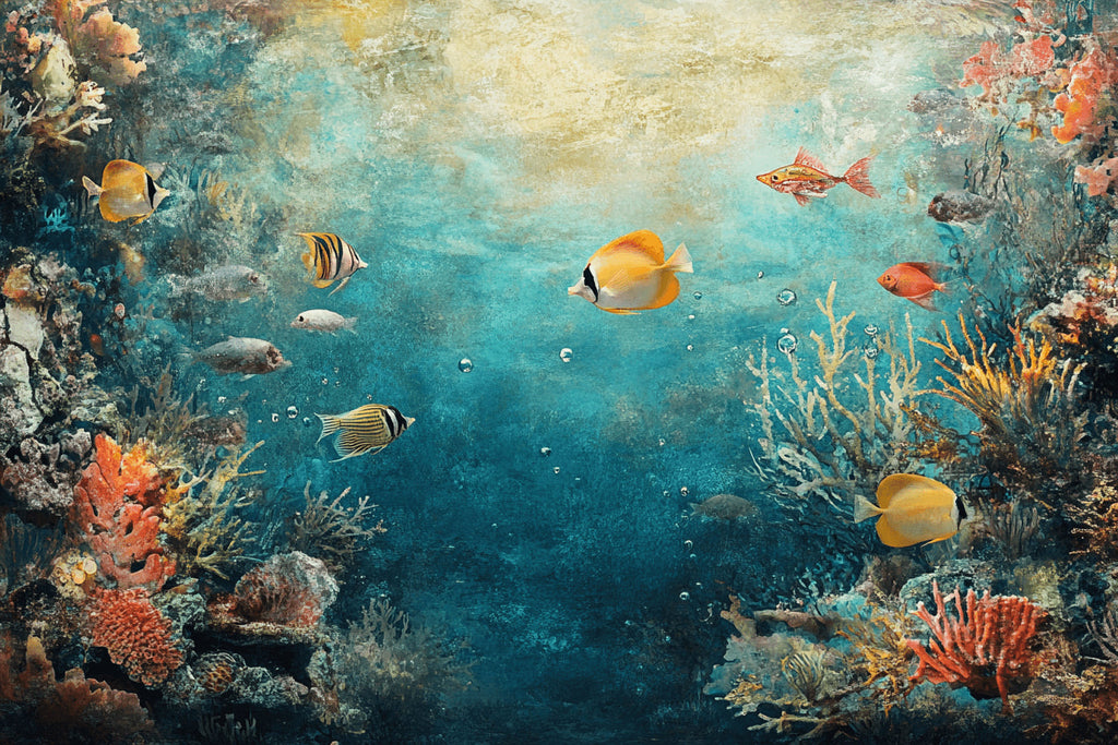 Design file showing detailed coral reef pattern with tropical fish in turquoise waters