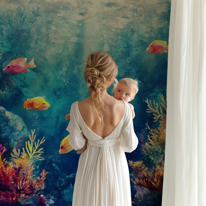 Ocean mural wallpaper creating depth in modern living room with turquoise and coral tones