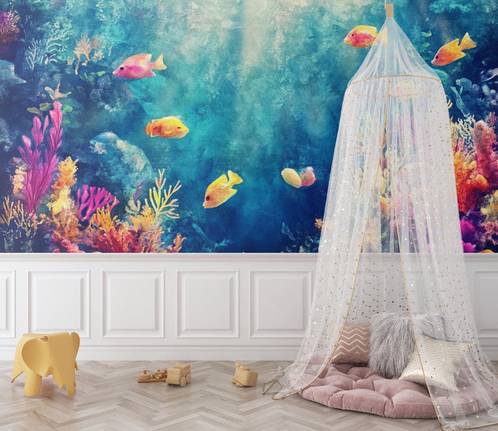 Ocean reef wallpaper transforming home office with peaceful aquatic theme