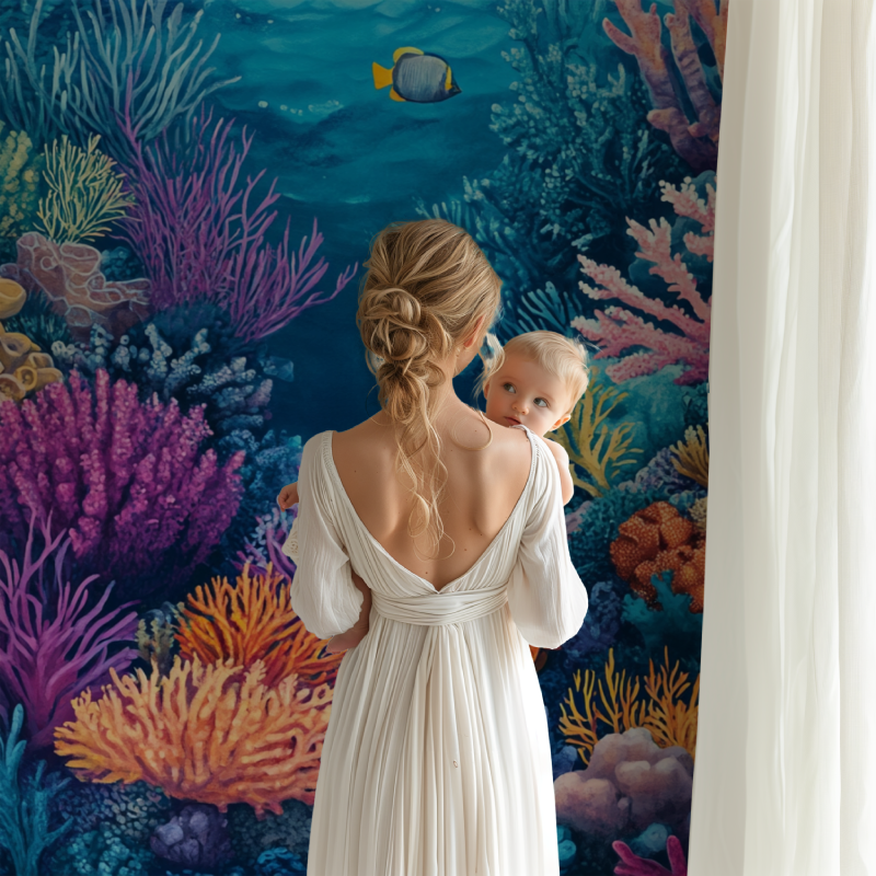 Underwater mural creating depth in a cozy bedroom with soft lighting