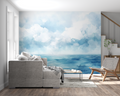 Ocean wave wallpaper creating a peaceful atmosphere in a modern living room with natural light