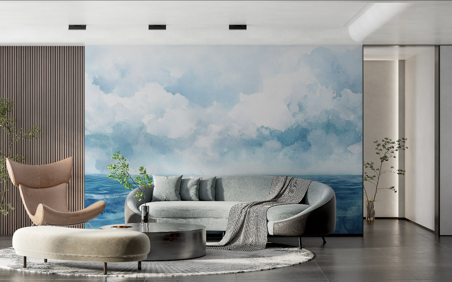 Ocean landscape wallpaper transforming a home office into a peaceful workspace