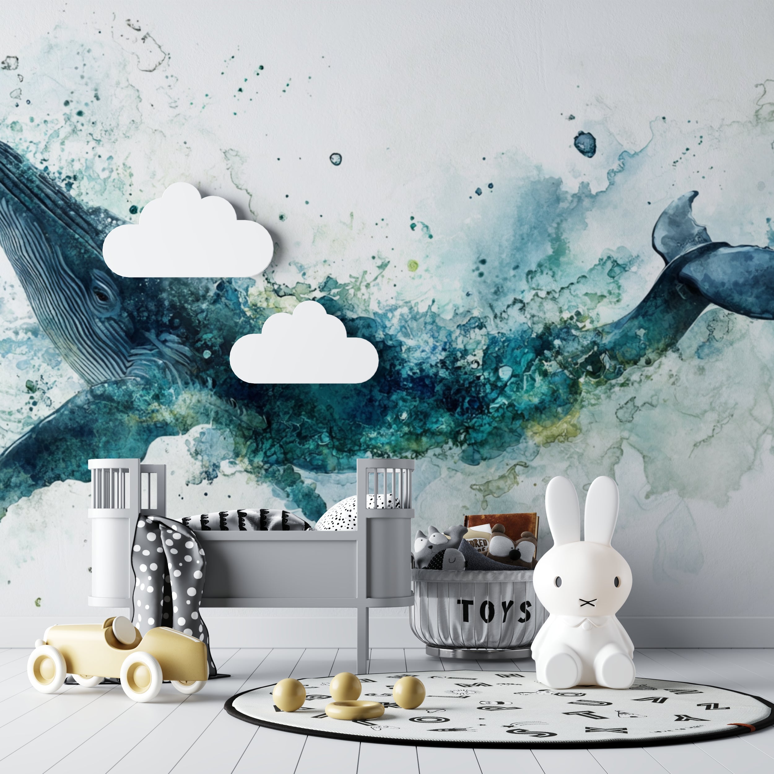 Whale wall mural displayed in cozy kids bedroom, showing scale and dreamy watercolor effect