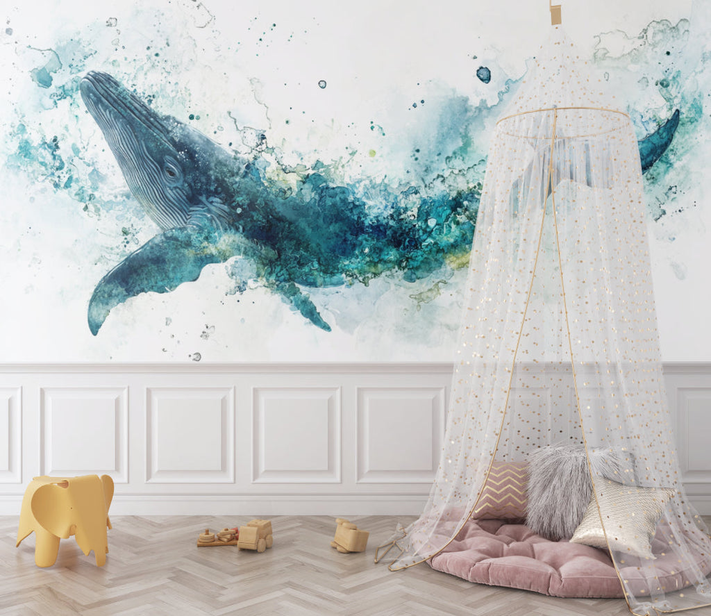 Ocean wallpaper with watercolor whale shown in modern living room, demonstrating versatile style