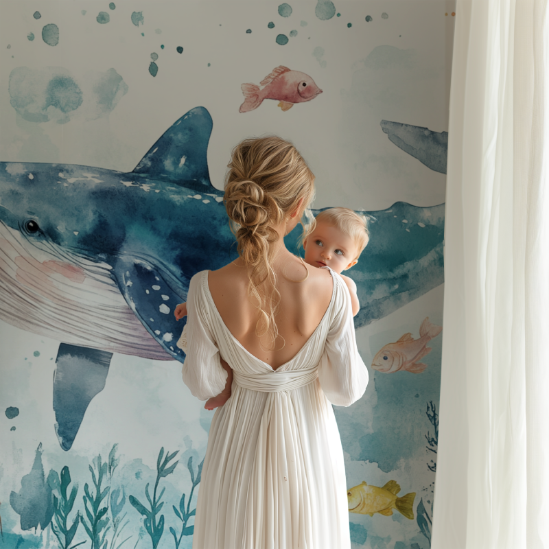 Whale Wallpaper bringing ocean vibes to a cozy kids bedroom with reading nook