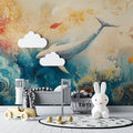 Ocean wall mural with watercolor whale in modern living room, creating a serene coastal atmosphere