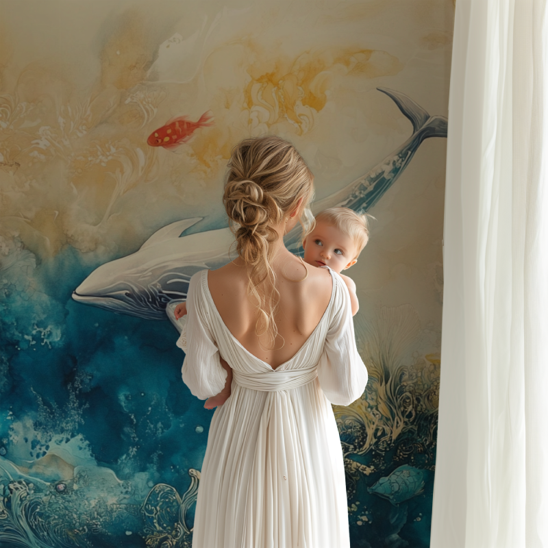 Ocean theme mural displayed in nursery setting with soft watercolor whale design