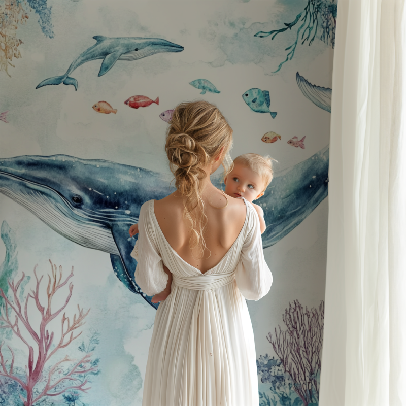 Watercolor whale wall mural brightening a modern bathroom space