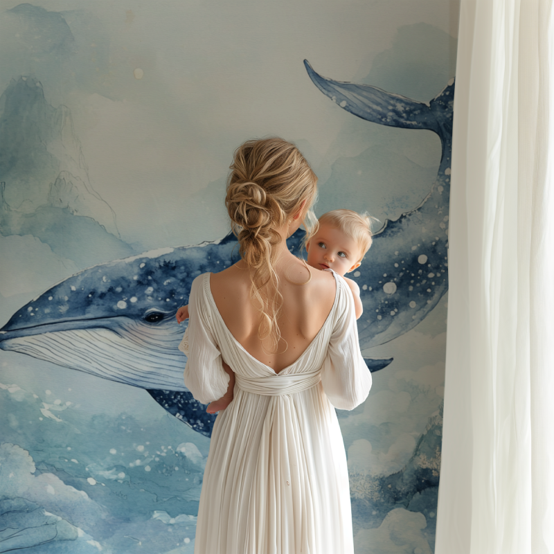 Marine wallpaper transforming modern kid's bedroom with dreamy blue tones