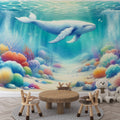 Ocean Mural Wallpaper with blue whale and coral reef bringing underwater magic to a bright kids bedroom