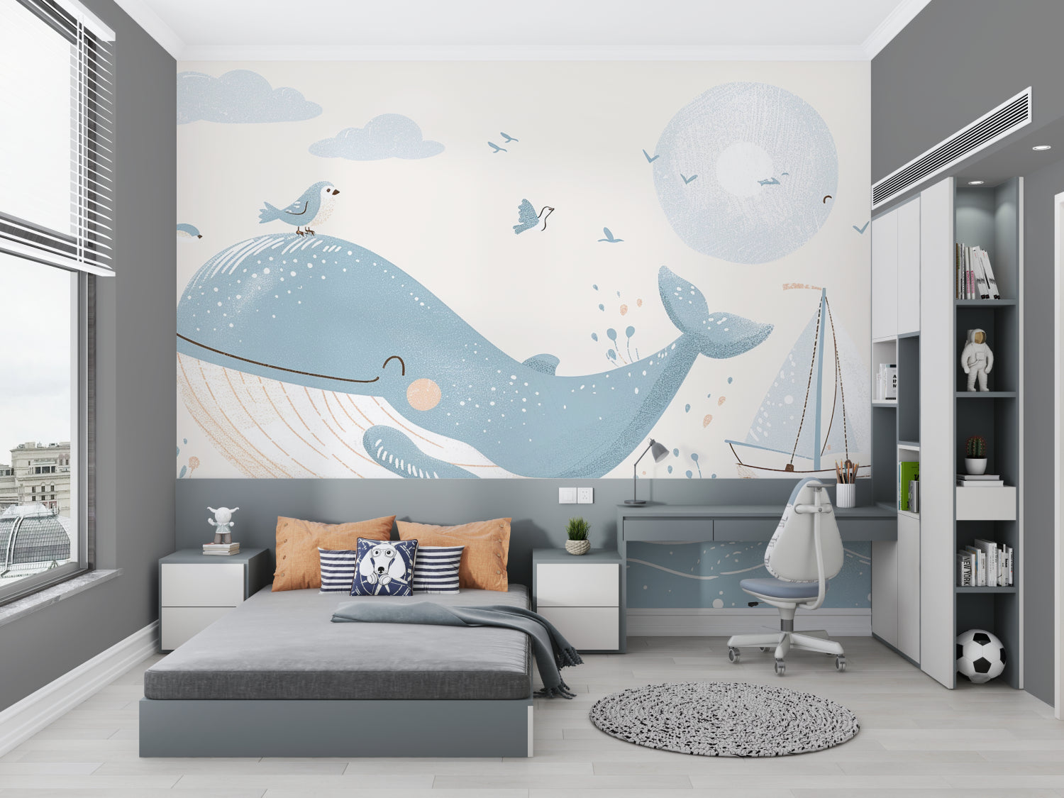 Whale wall mural creating a peaceful atmosphere in a child's reading nook