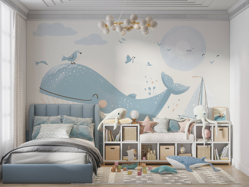 Nautical wallpaper transforming a playroom with whimsical ocean scene