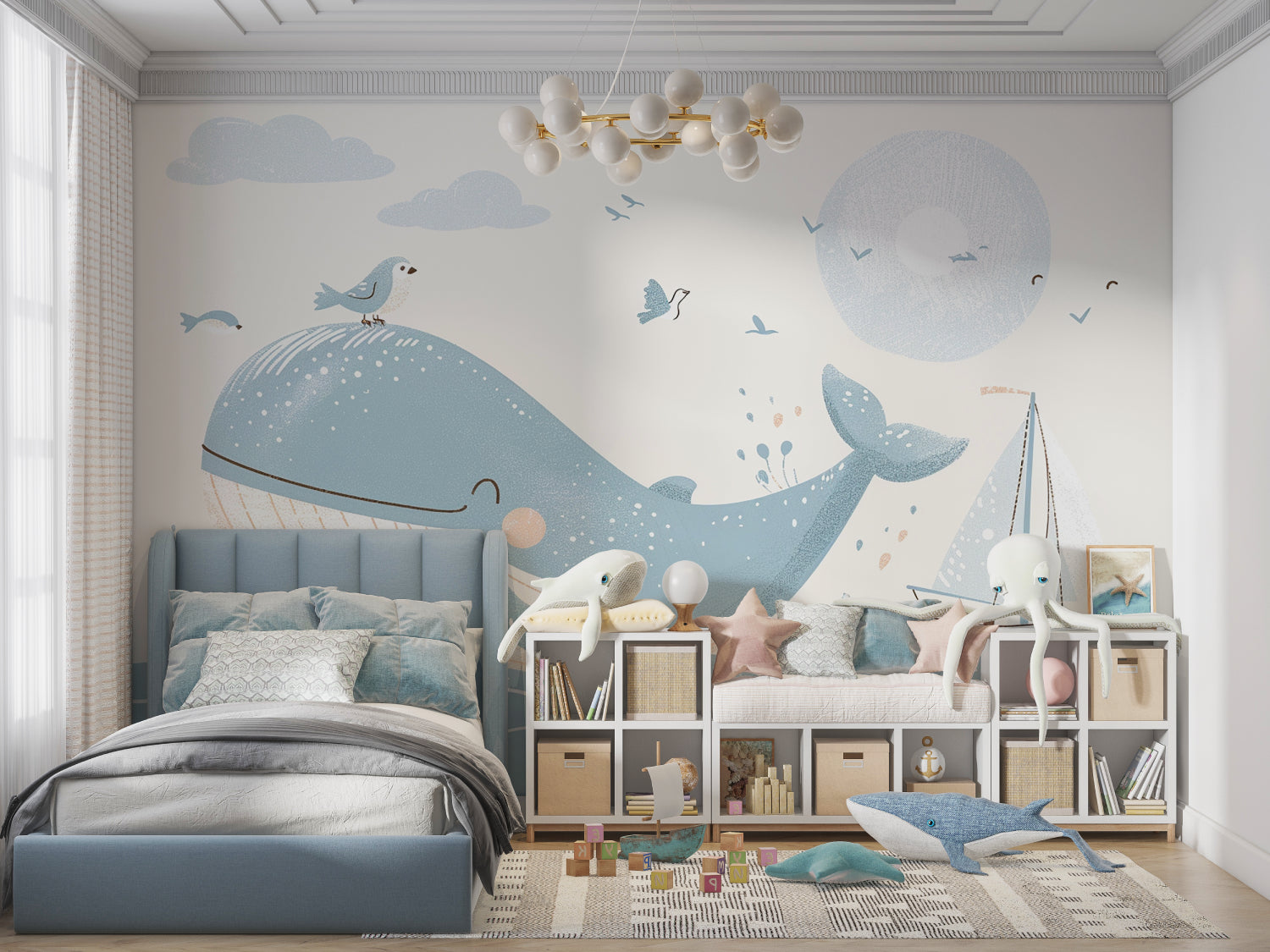 Nautical wallpaper transforming a playroom with whimsical ocean scene