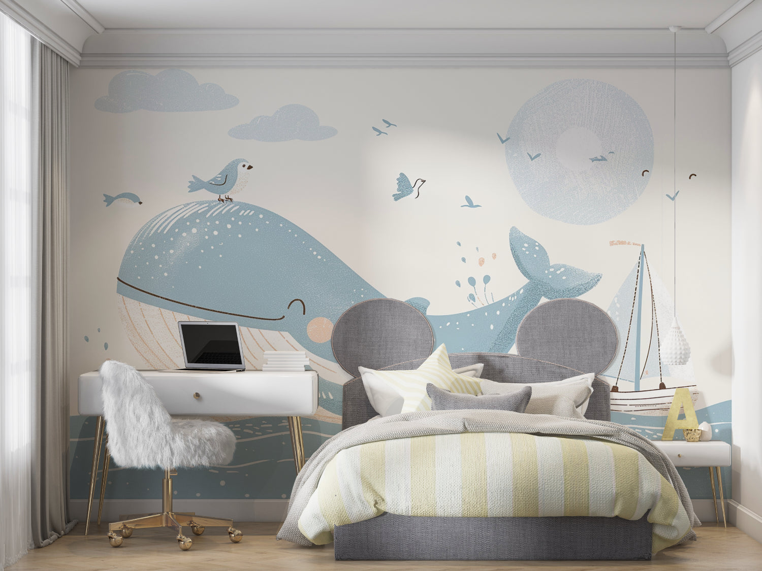 Ocean wallpaper featuring whale and sailboat bringing charm to bedroom walls