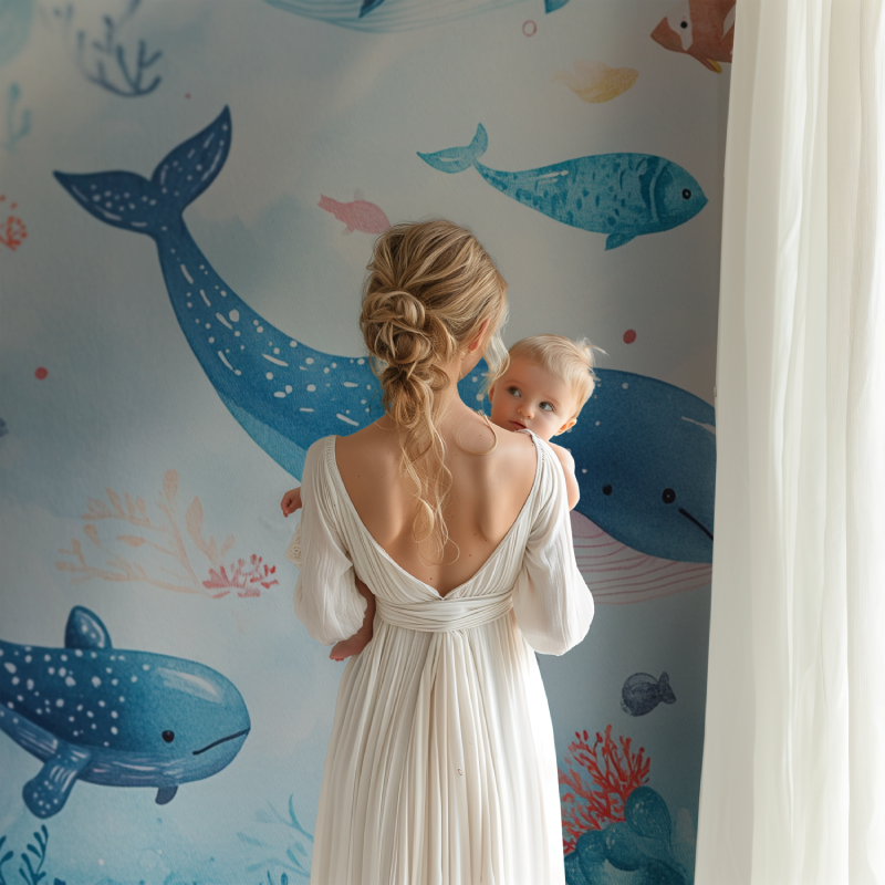 Ocean mural wallpaper transforming a playroom into an underwater adventure space