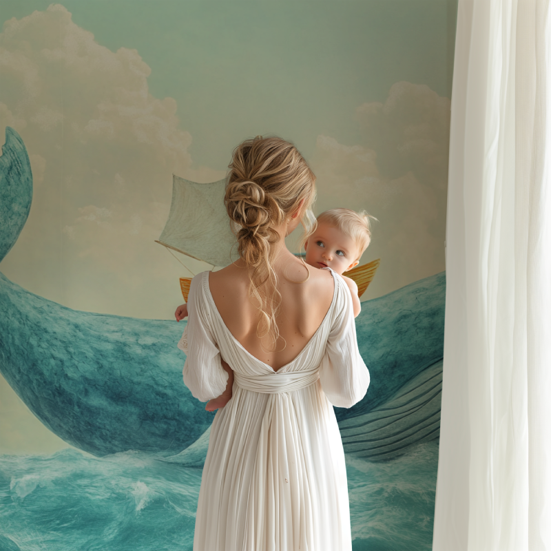 Ocean mural wallpaper bringing coastal charm to a baby's room with natural light