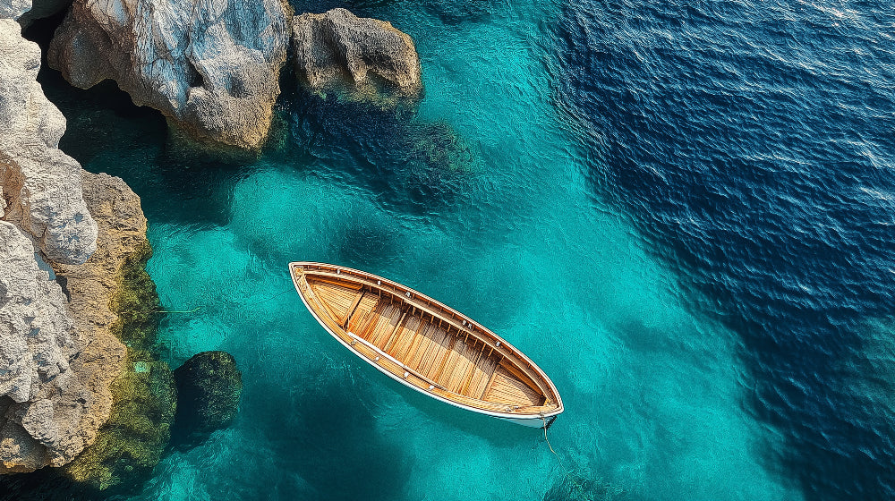 Mediterranean beach scene wallpaper design file showing aerial view of wooden boat on turquoise waters