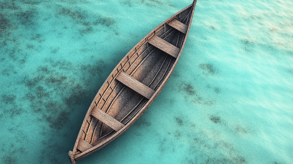 Ocean wallpaper design file showing detailed wooden boat floating on crystal turquoise waters