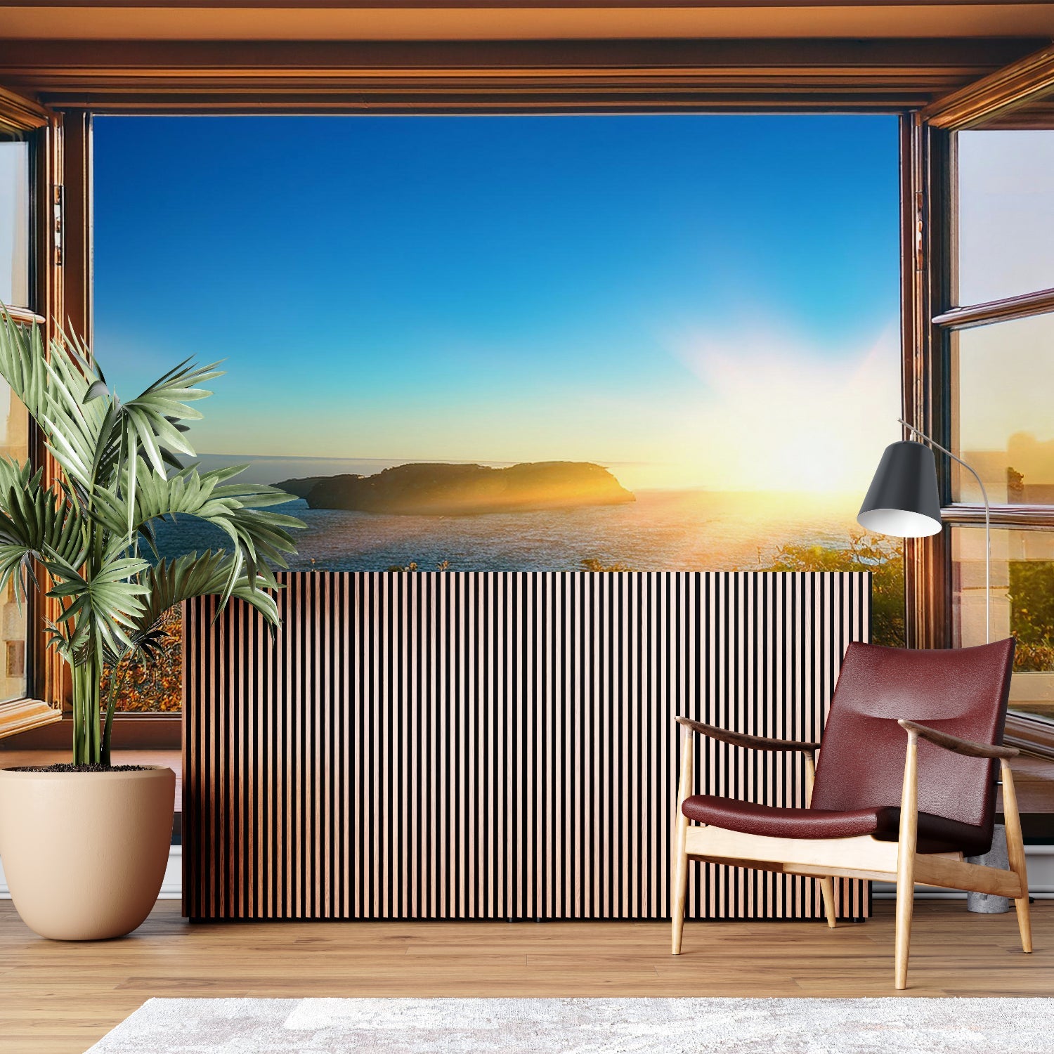Ocean view window mural wallpaper creating depth in modern living room with grey sofa