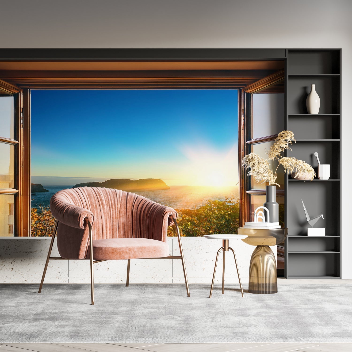3D window scene mural adding ocean views to minimalist dining room