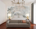Japanese wave mural in modern living room showing gentle grey waves flowing across feature wall