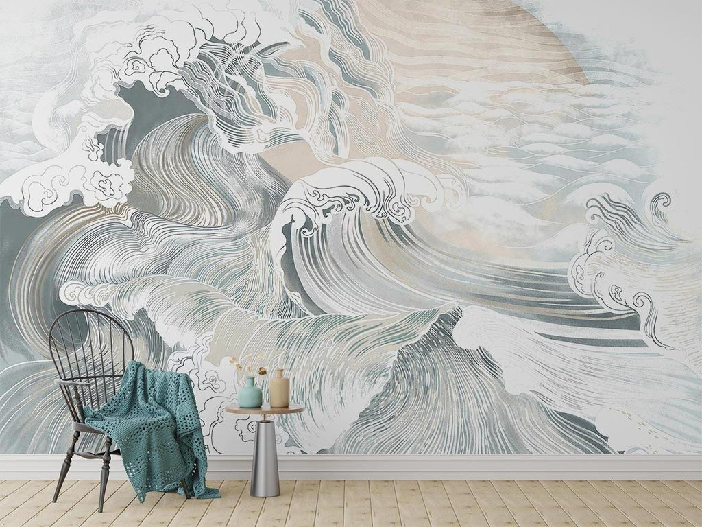 Ocean wave wallpaper in minimalist bedroom creating serene coastal atmosphere