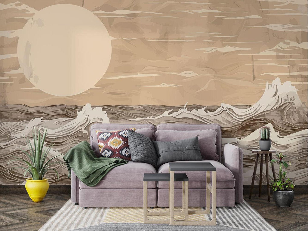 Abstract ocean wallpaper bringing calm to a home office space