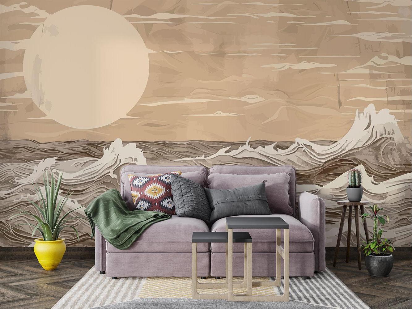 Abstract ocean wallpaper bringing calm to a home office space