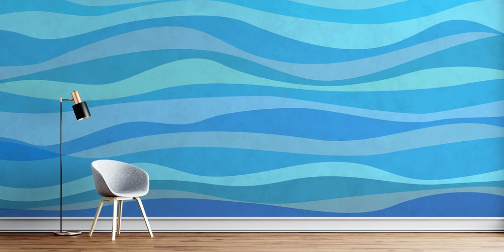 Ocean wave mural wallpaper adding movement to a contemporary bedroom space