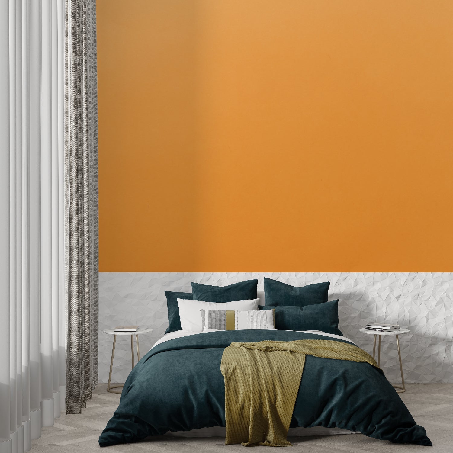 Contemporary bedroom with orange wall mural creating cozy atmosphere