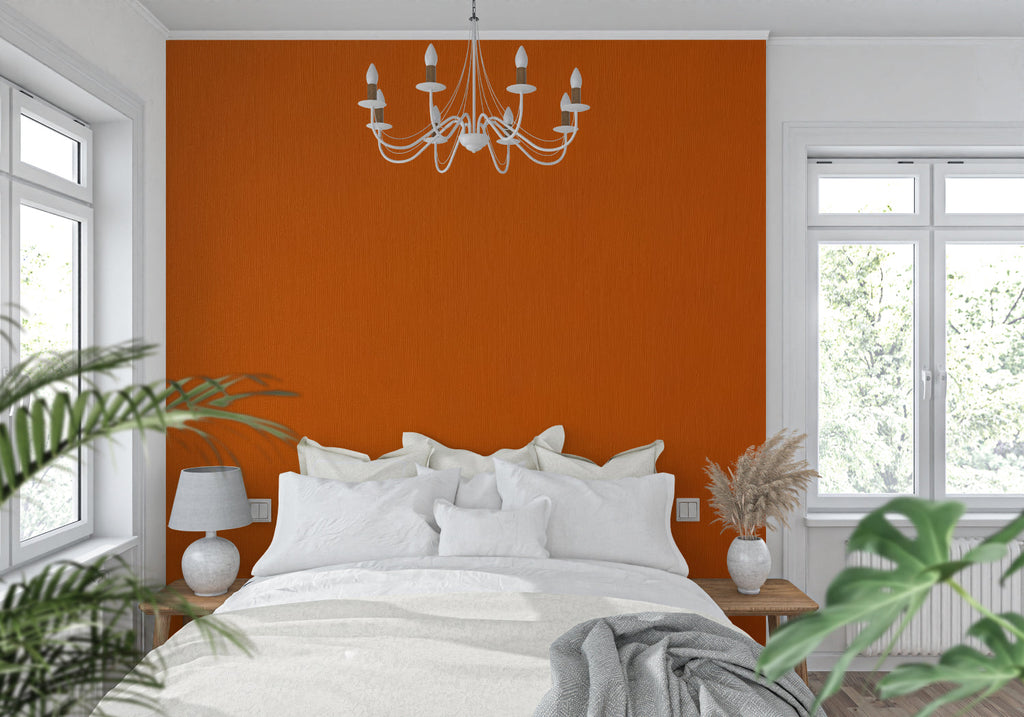 Modern orange accent wall in home office space with natural lighting
