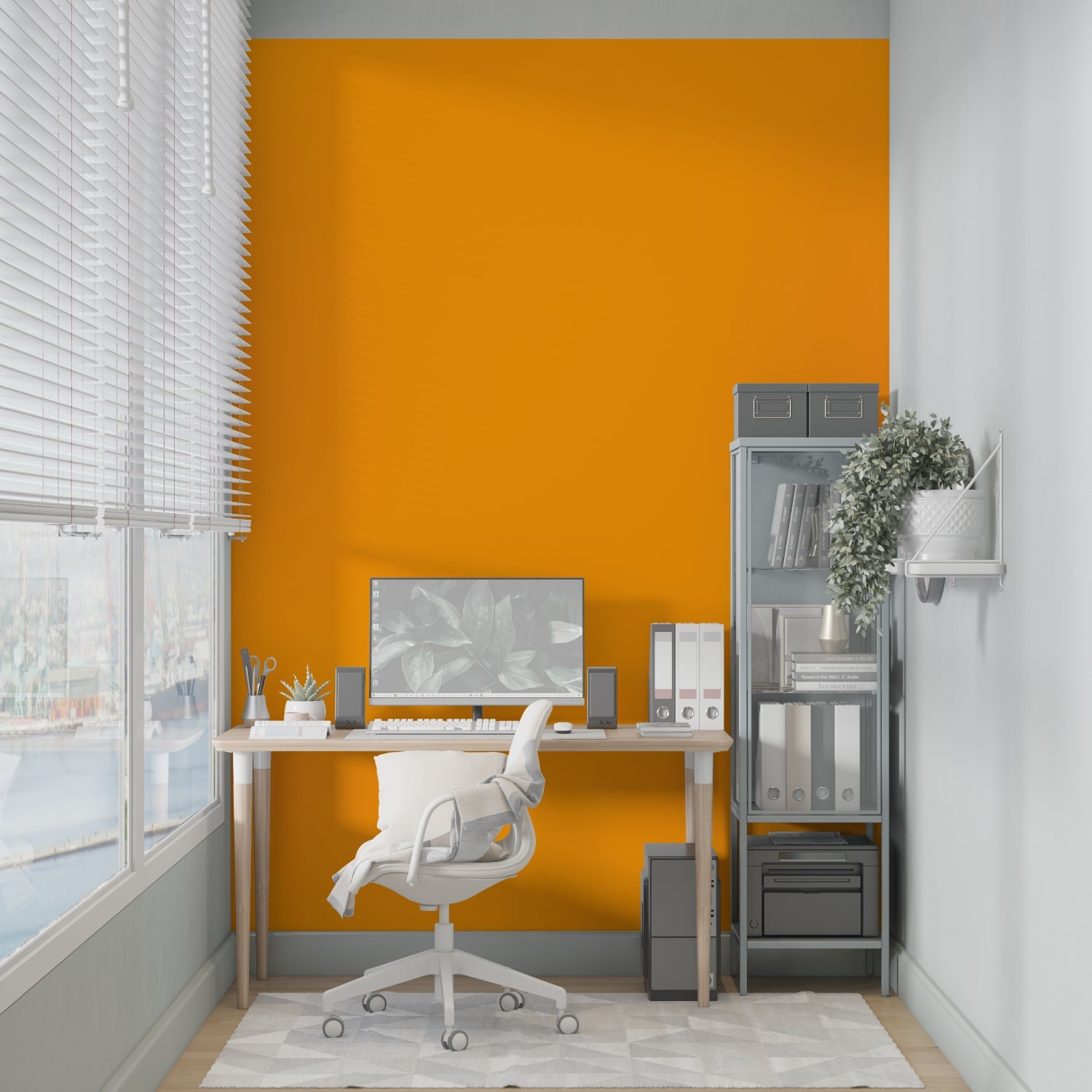 Dining room transformed with bold orange wall mural creating an energetic atmosphere