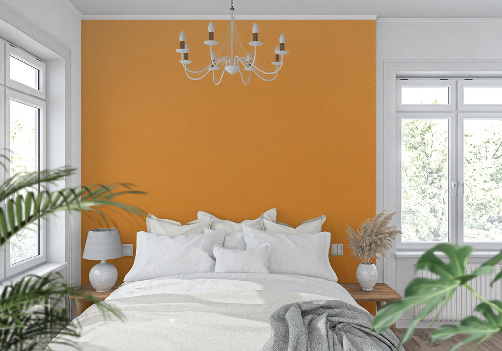 Modern orange wallpaper in stylish restaurant interior