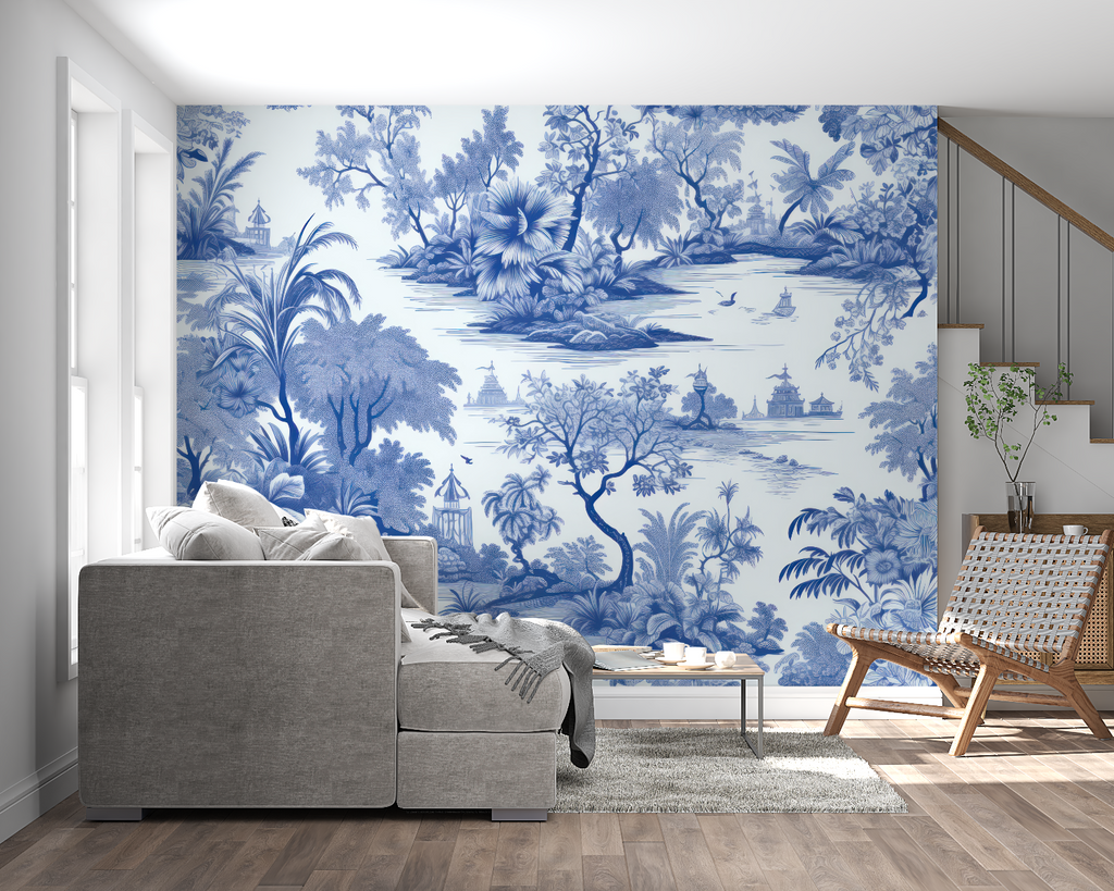 Oriental garden wallpaper in bright modern dining room showing blue and white Chinese design