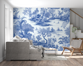 Oriental garden wallpaper in bright modern dining room showing blue and white Chinese design