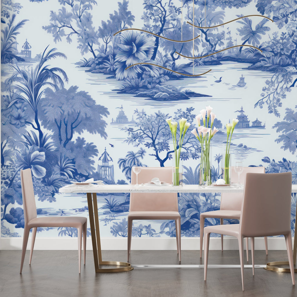 Blue oriental wallpaper creating calm atmosphere in master bedroom