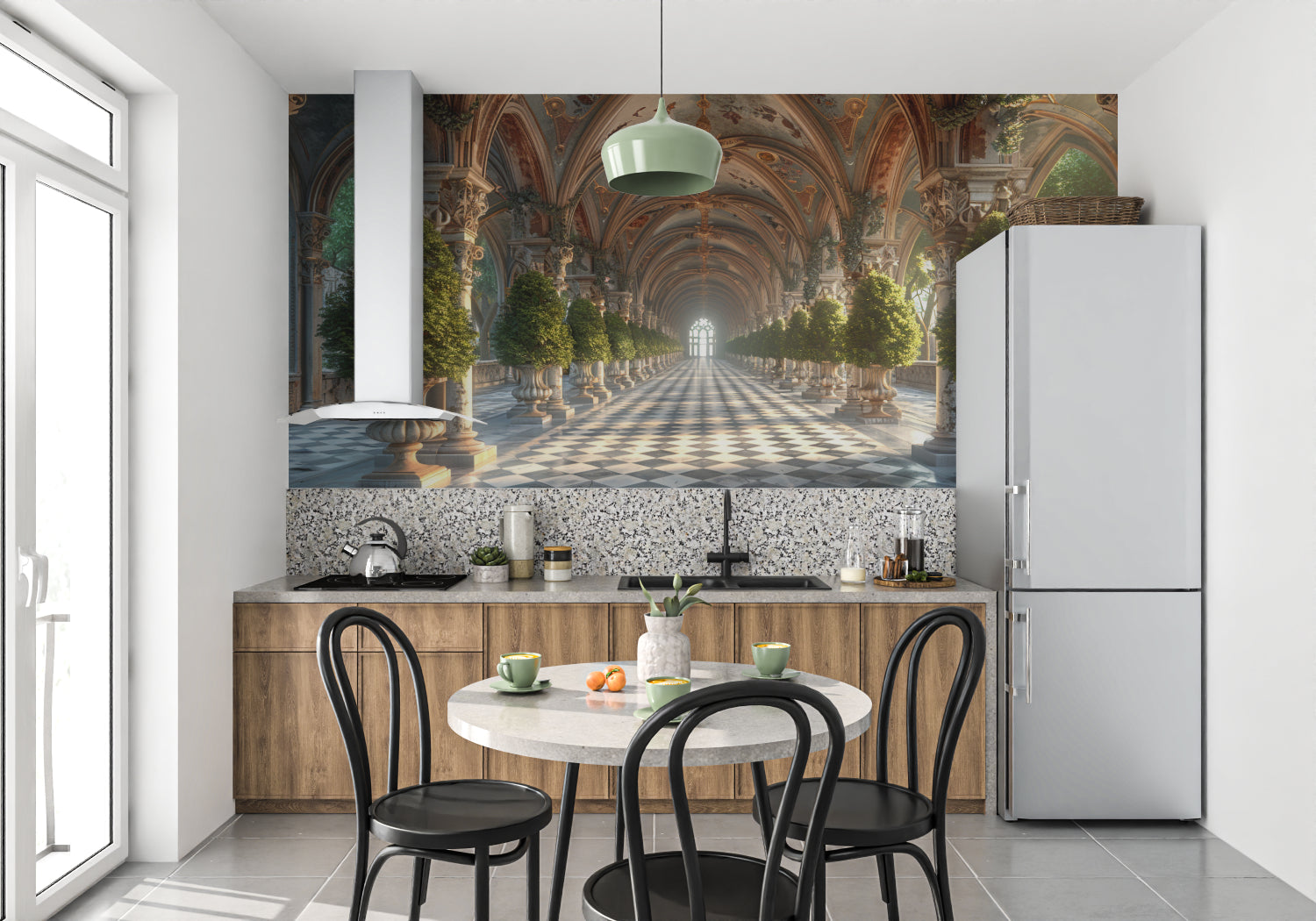 Palace gallery mural wallpaper creating depth in a modern living room with elegant furniture