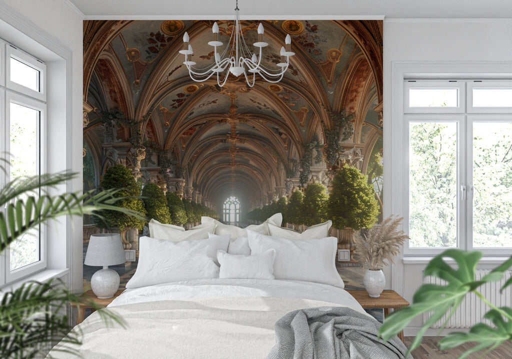 Architectural trompe l'oeil wallpaper transforming a dining room into a palace corridor