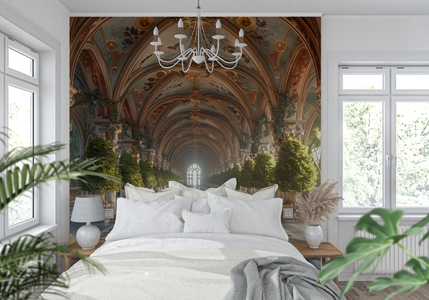 Architectural trompe l'oeil wallpaper transforming a dining room into a palace corridor