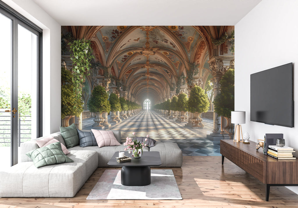 Palace corridor wallpaper adding grandeur to a home office space