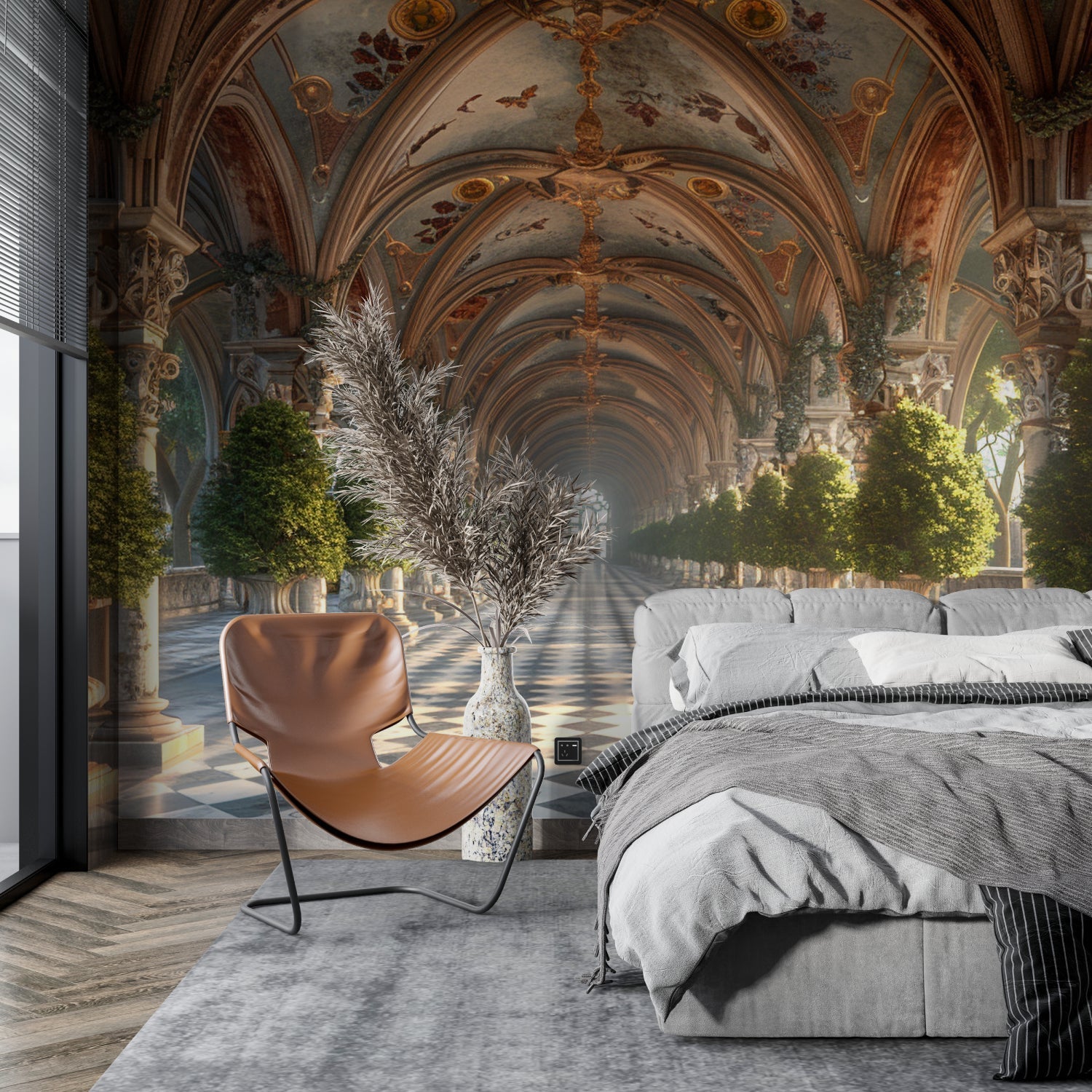 Classic palace mural wallpaper making a hallway look like an elegant gallery