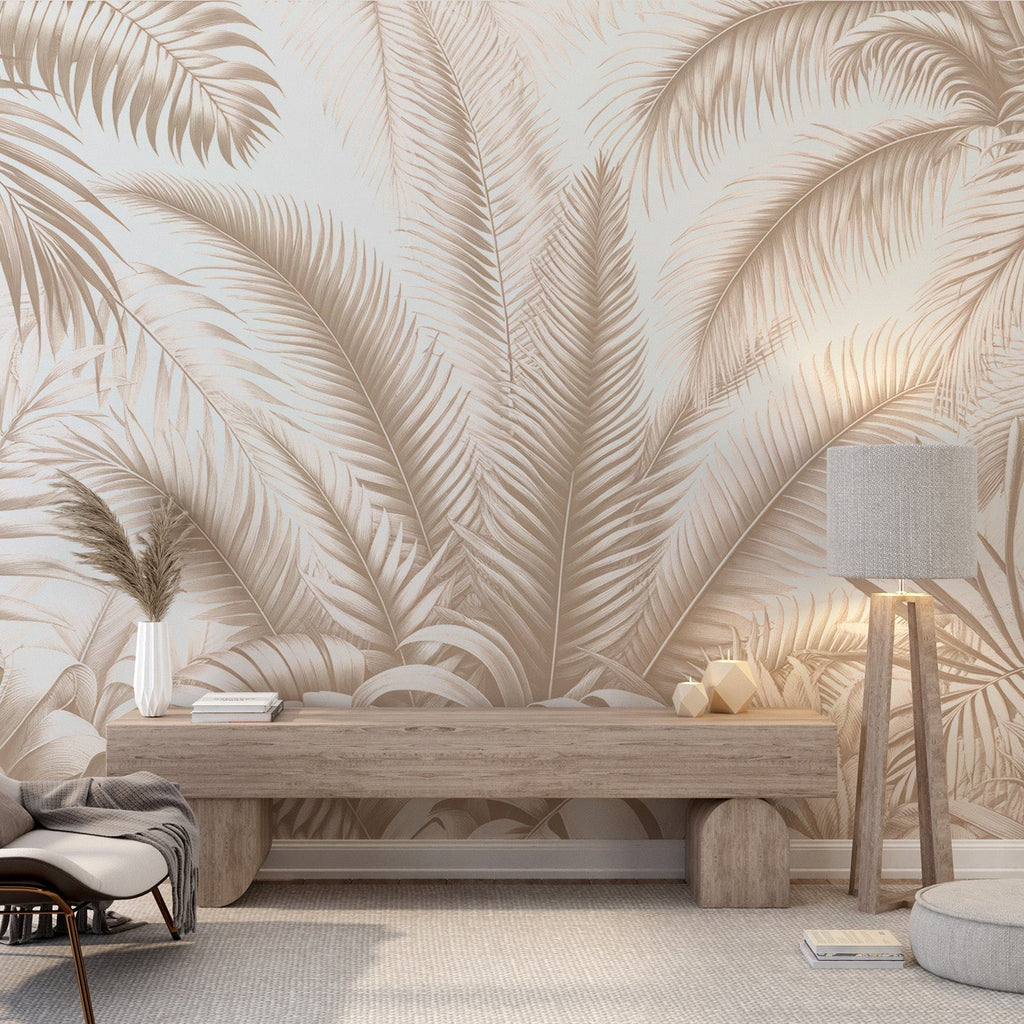 Beige Palm Leaf Wallpaper creating a resort-like atmosphere in a modern living room with natural light